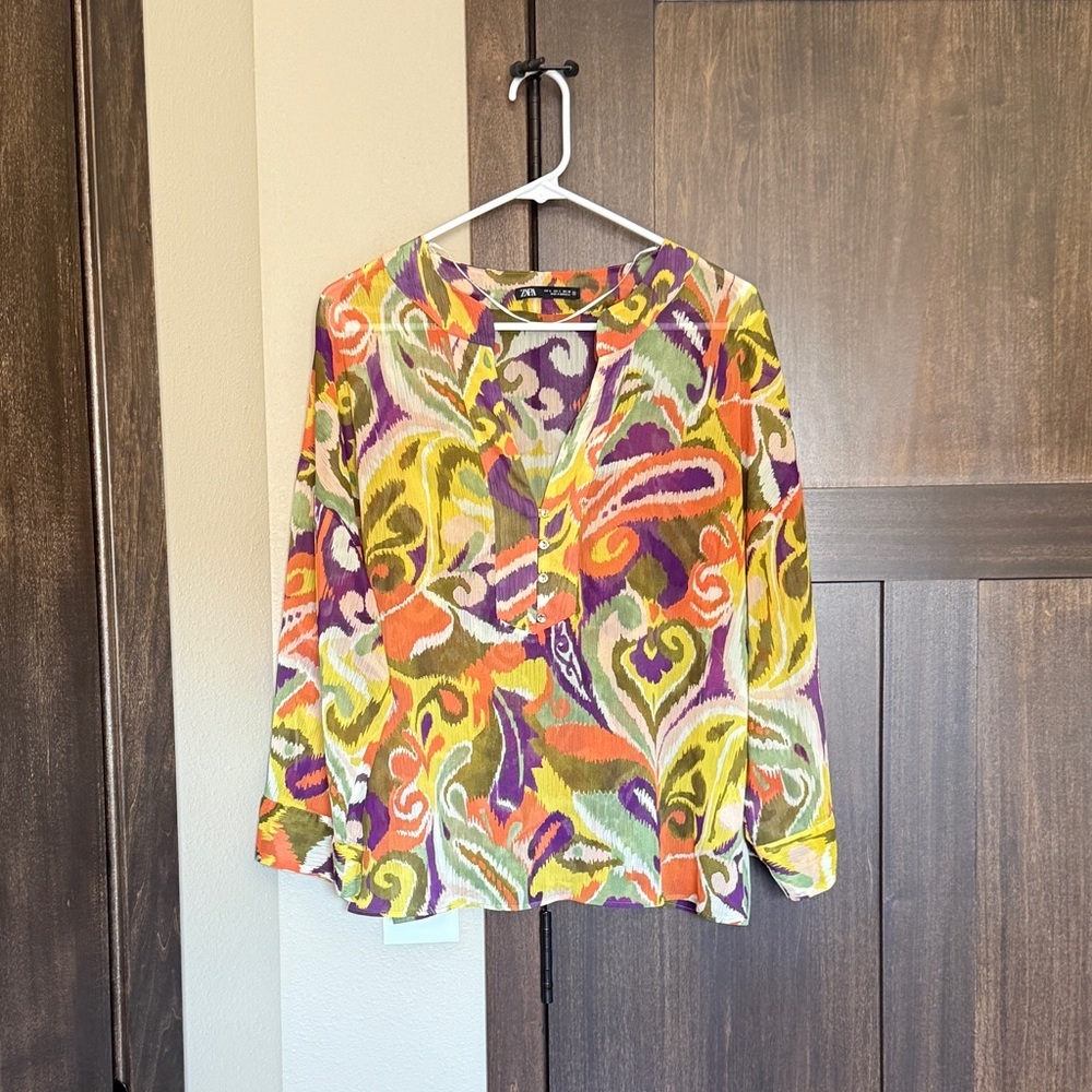 Zara Women’s Multicolor Boho Pajama Style Sheer Button Down Blouse Size Large